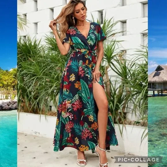 Boho Floral Maxi Open Leg Wrap Belted Dress Size Medium - Picture 5 of 8